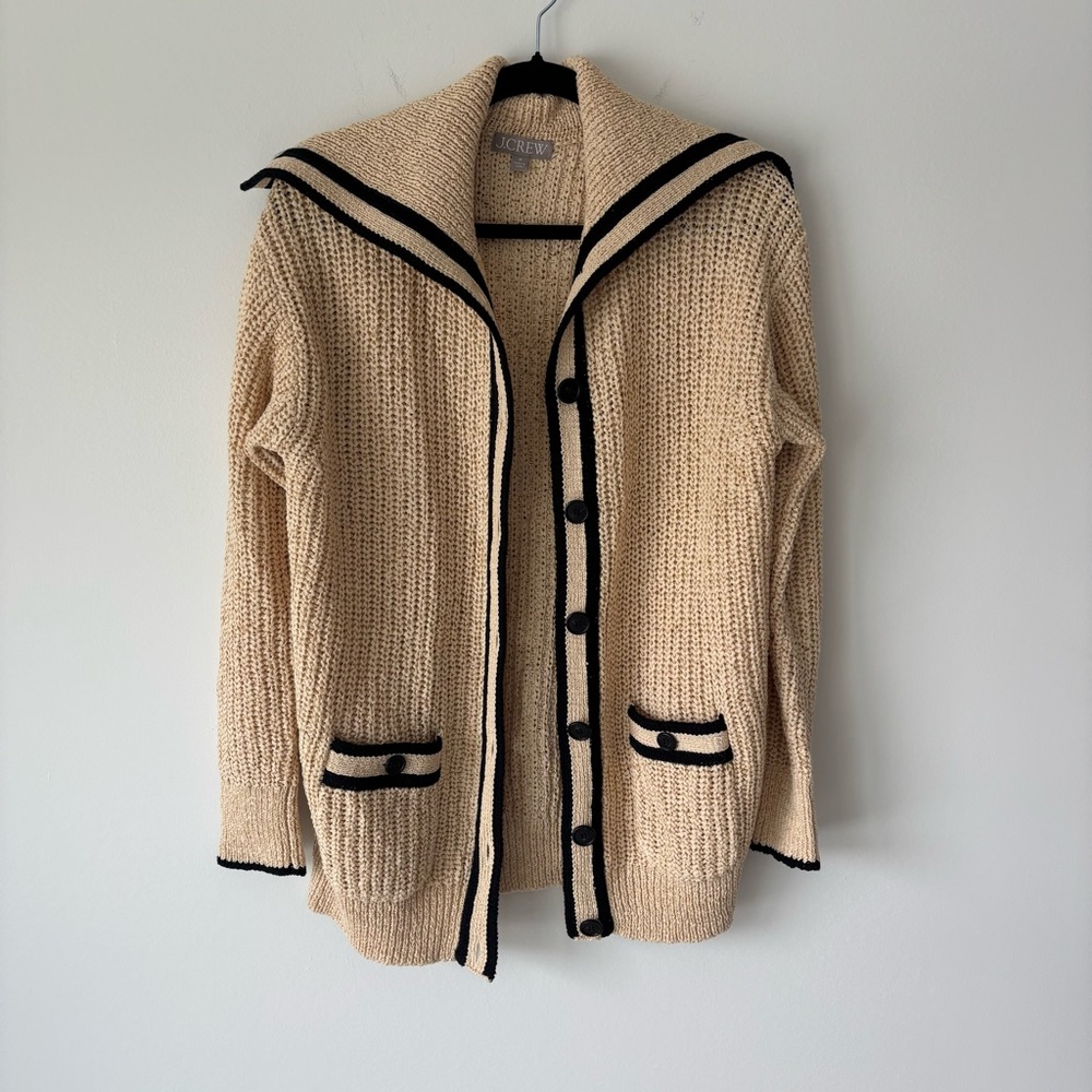J. Crew Cream Knit Sailor Collar Cardigan with Black Trim - Picture 2 of 9